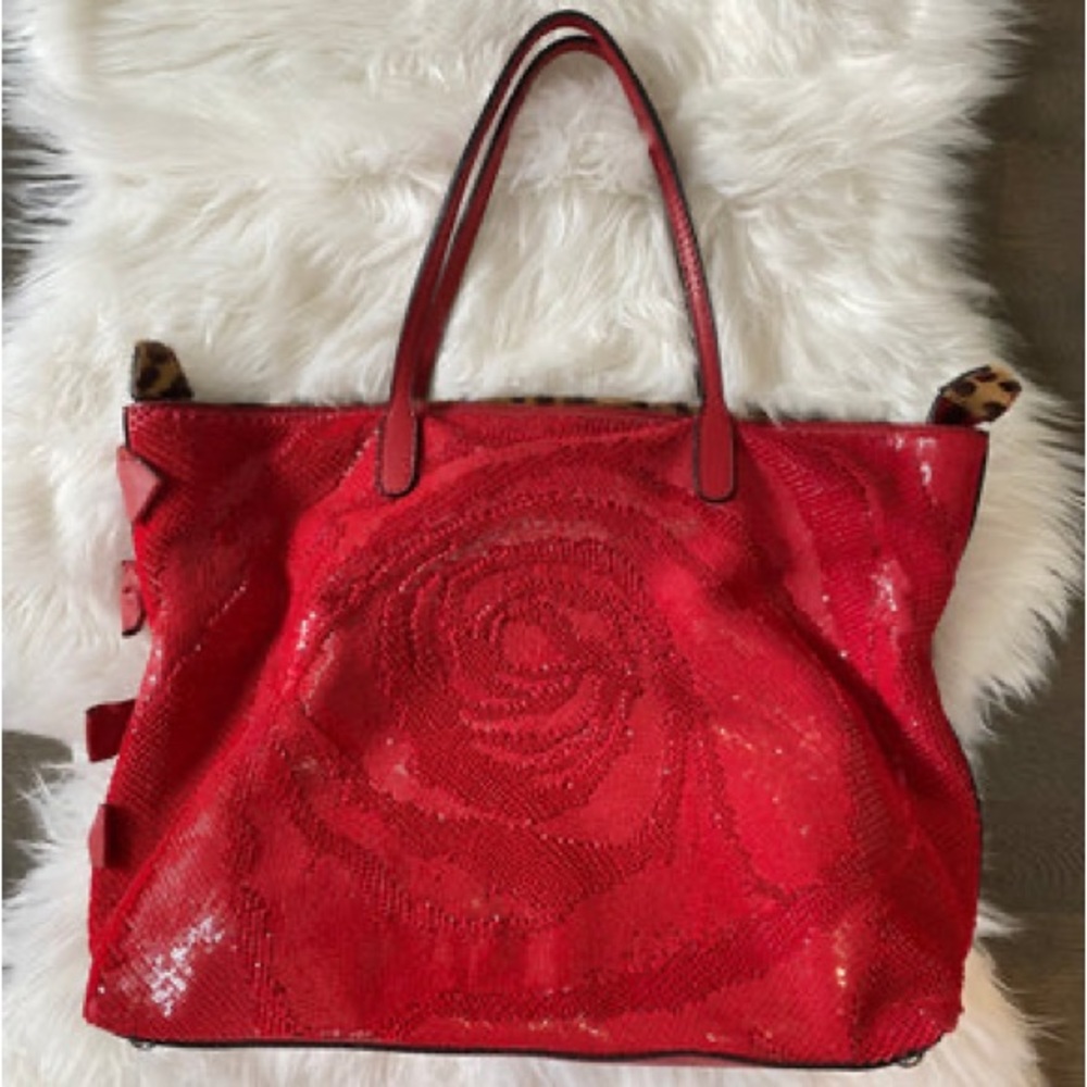VALENTINO GARVANI RED NAPPA LEATHER ROSE SEQUIN TOTE BAG (AUTHENTIC)